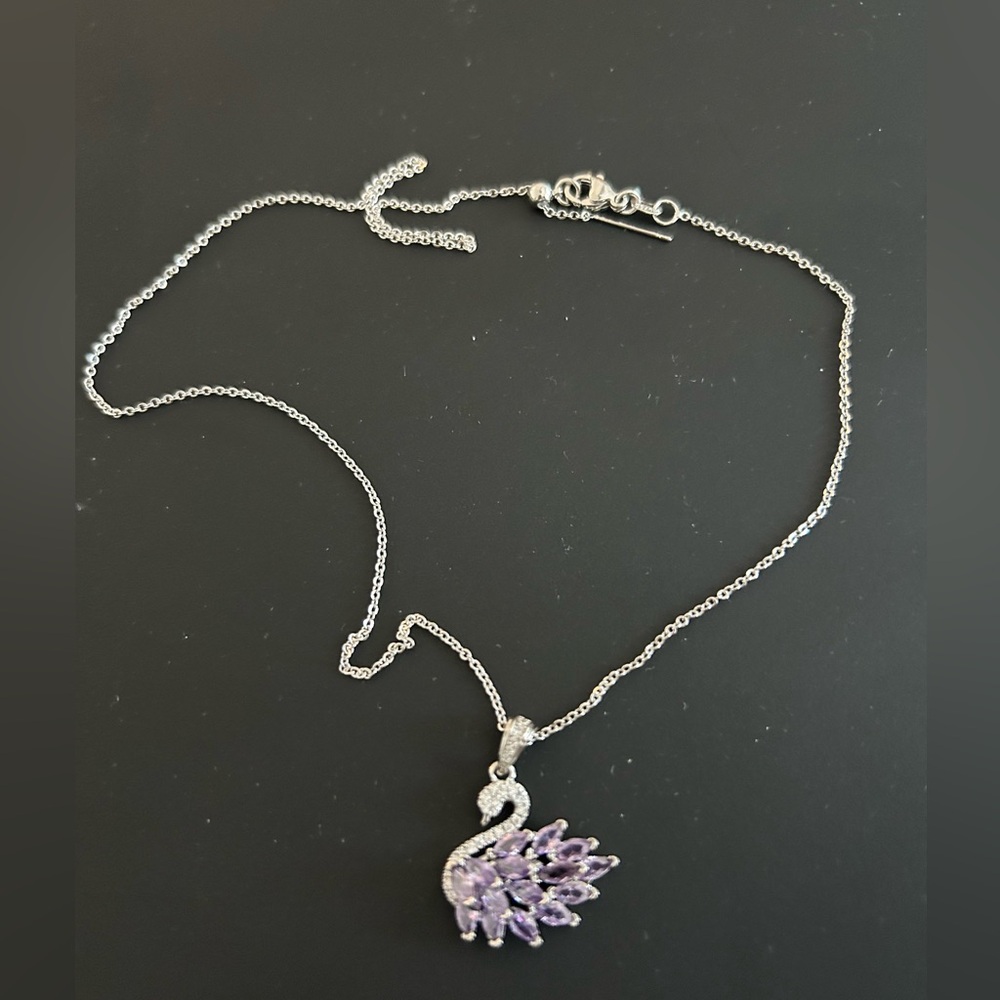Silver Swan Pendant Necklace with Purple Stones